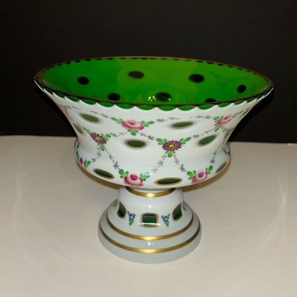 Vintage Bohemian Green Moser Czech Glass White Compote Pedestal Bowl
